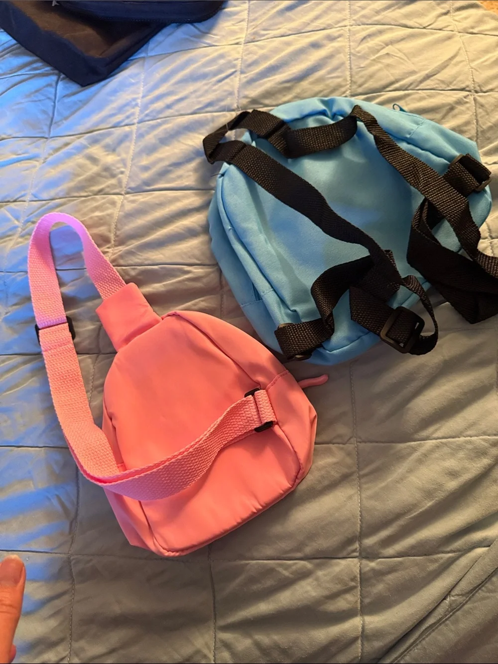 Lot of 2 Smiley Face Mini Sling Backpacks Pink Crossbody Blue Small Travel Bag